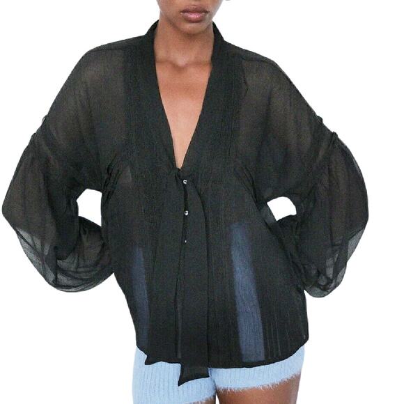 Zara Black Chiffon Tie Neck Top Size Small Balloon Sleeve Sheer Lace - Picture 1 of 9
